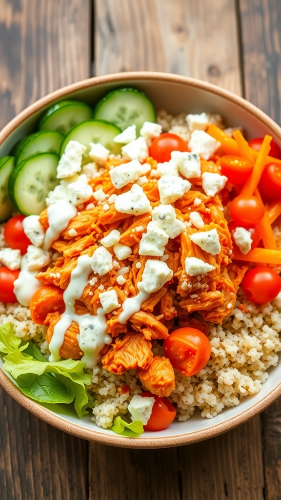 A colorful quinoa bowl with buffalo chicken, tomatoes, cucumber, and carrots, garnished with ranch dressing and blue cheese.